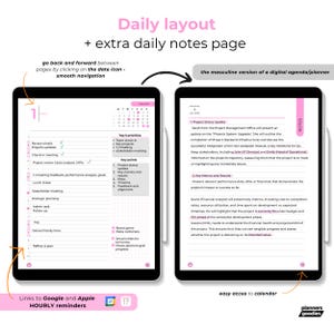 Daily features page highlighting navigation between pages, date widget for switching, scheduled hours syncing with Google/Apple calendars.