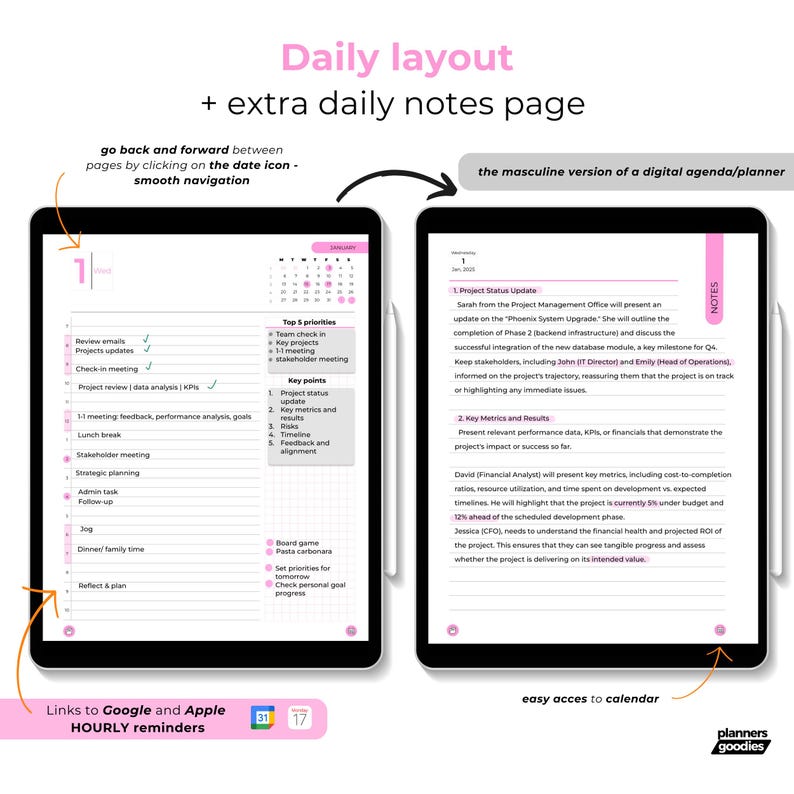 Daily features page highlighting navigation between pages, date widget for switching, scheduled hours syncing with Google/Apple calendars.