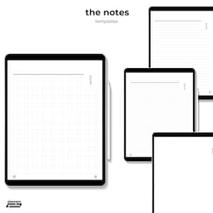 May include: Three digital note-taking templates displayed on a white background. The templates are labeled "Notes" and feature different grid styles: a grid with squares, a grid with lines, and a blank page with lines.