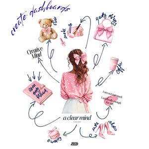 May include: Illustration of a woman with brown hair and a pink bow, surrounded by pink accessories like a handbag, shoes, and a teddy bear. Text includes "create dashboards", "Creative Mind", and "a clear mind".