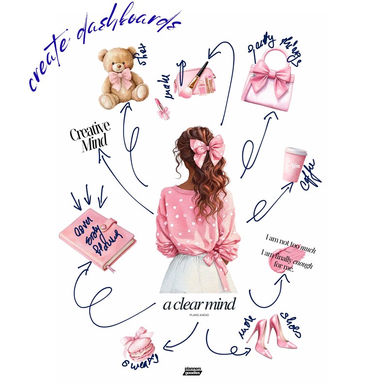 May include: Illustration of a woman with brown hair and a pink bow, surrounded by pink accessories like a handbag, shoes, and a teddy bear. Text includes "create dashboards", "Creative Mind", and "a clear mind".