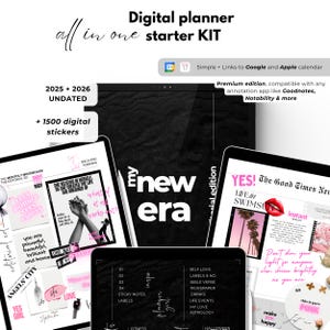 May include: A digital planner kit with a black and white background. The kit includes a digital planner, stickers, and a mood board. The planner is titled "My New Era" and the mood board features the text "The Good Times Never End".