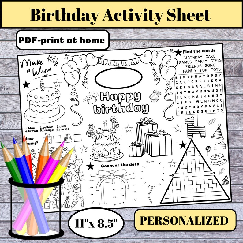 Printable Birthday Placemat Birthday Party Coloring Page Etsy