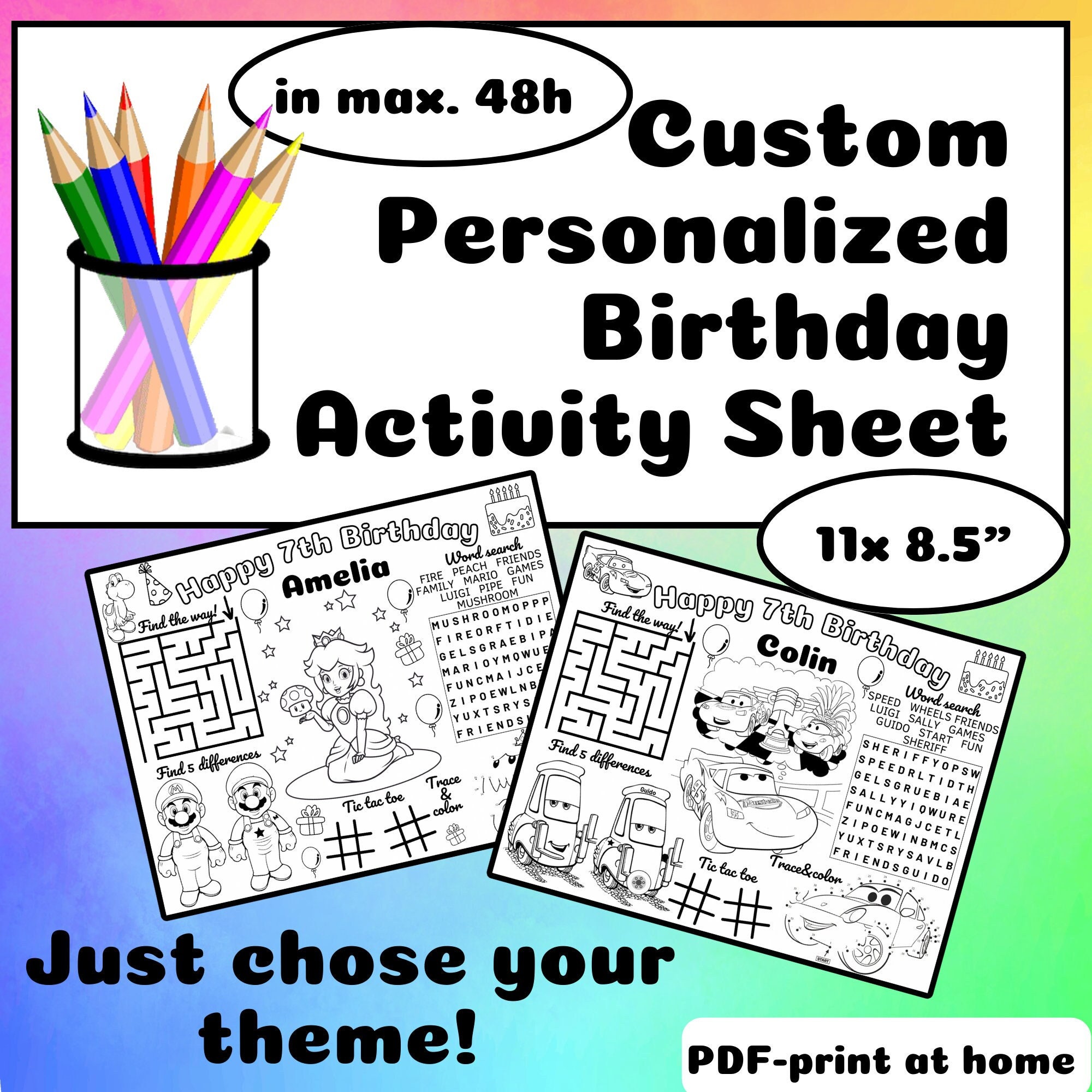 Custom Birthday Activity Sheet Personalized Printable - Etsy