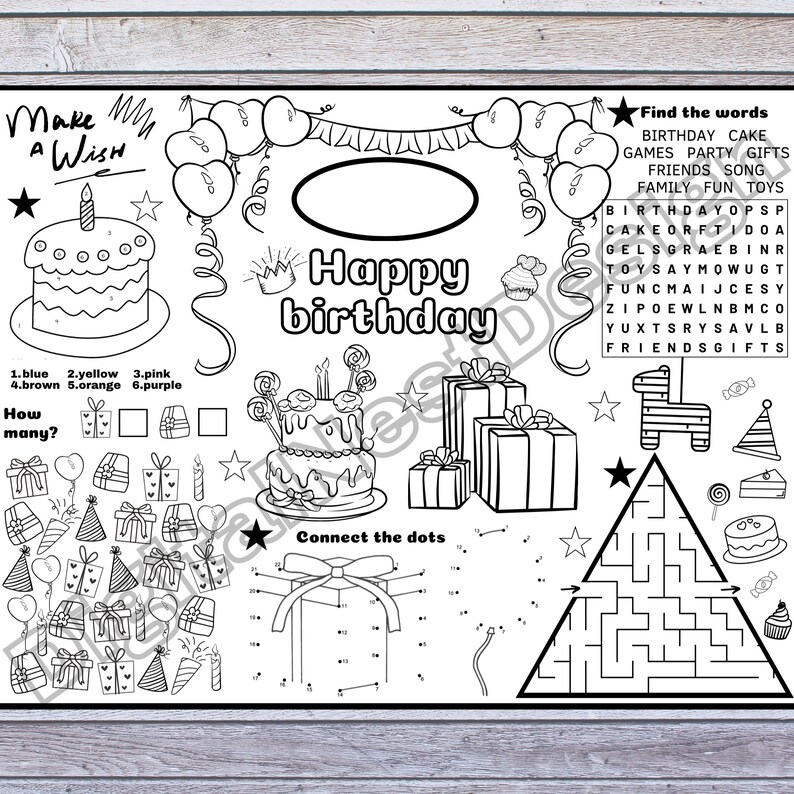 Printable Birthday Placemat Birthday Party Coloring Page Etsy