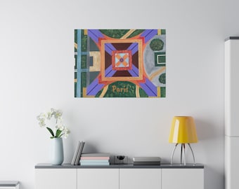 Può includere: Un colorato dipinto astratto di una scena parigina. L'opera presenta forme geometriche nei toni dell'arancione, viola e verde, con la parola "Paris" scritta in oro. Il dipinto è montato su una parete bianca.