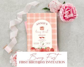 Berry First Birthday Invitation, Strawberry Birthday, Berry First Birthday, Berry 1st, Editable Canva