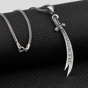 Zulfikar-zwaard 925 kt sterlingzilveren hanger ketting, La Feta illa Ali La Seyfe illa geschreven Arabische schrift hanger ketting N820