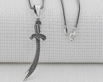 Silber Zulfiqar Schwert Halskette, Gepunkteter Anhänger, Handgefertigte 925 Sterling Silber Herrenhalskette