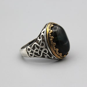 Turkish 925K Sterling Silver Ring Ethnic Tribal hand crafted Dark Ring Agate Stone inlaid silver ring Size 10.5 US R612391