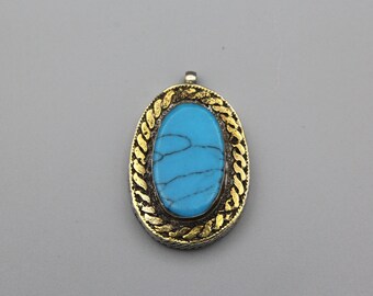 Vintage Kazakh Style Turquoise Stone Silver Pendant: Ethnic Tribal Jewelry