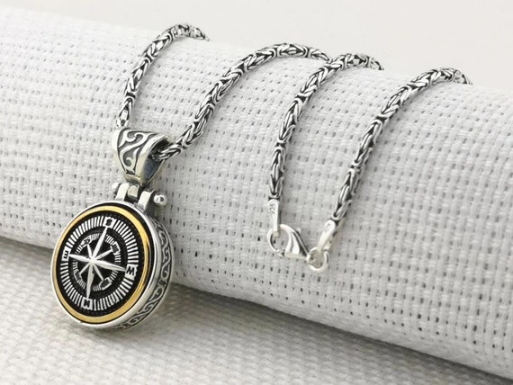 Sterling Silver Compass Pendant Necklace: Rotating Design, King Chain