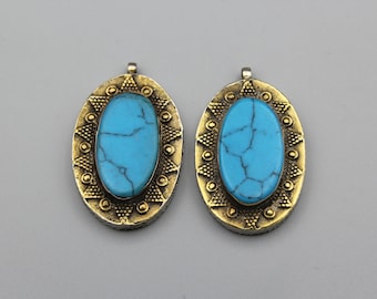 2 pcs Kazakh Style Turquoise Stone Silver Pendants: Ethnic Jewelry