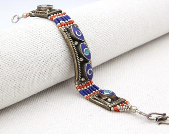 Pulsera tibetana de lapislázuli y turquesa hecha a mano. Pulsera étnica tribal hecha a mano, regalo para ella.