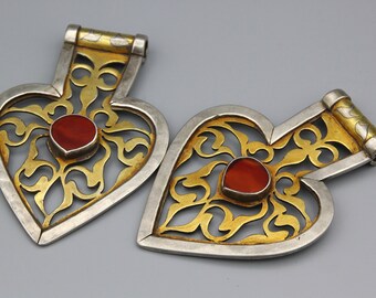 2 Vintage Turkmen Silver Pendants: Gold Gilded Agate Heart Asyk - Etsy