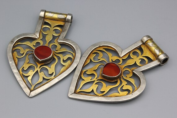 2 Vintage Turkmen Silver Pendants: Gold Gilded Agate Heart Asyk - Etsy