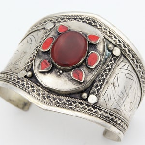 Boho Bracelet - Kuchi Cuff - Afghan Jewelry - Carnelian Stone - Vintage, Middle Eastern, Cuff Bracelet, Wide, Afghan, Ethnic Tribal BR590232