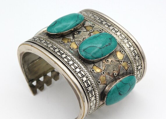 ヴィンテージ カザフ シルバー カフブレスレット：手作りターコイズ
