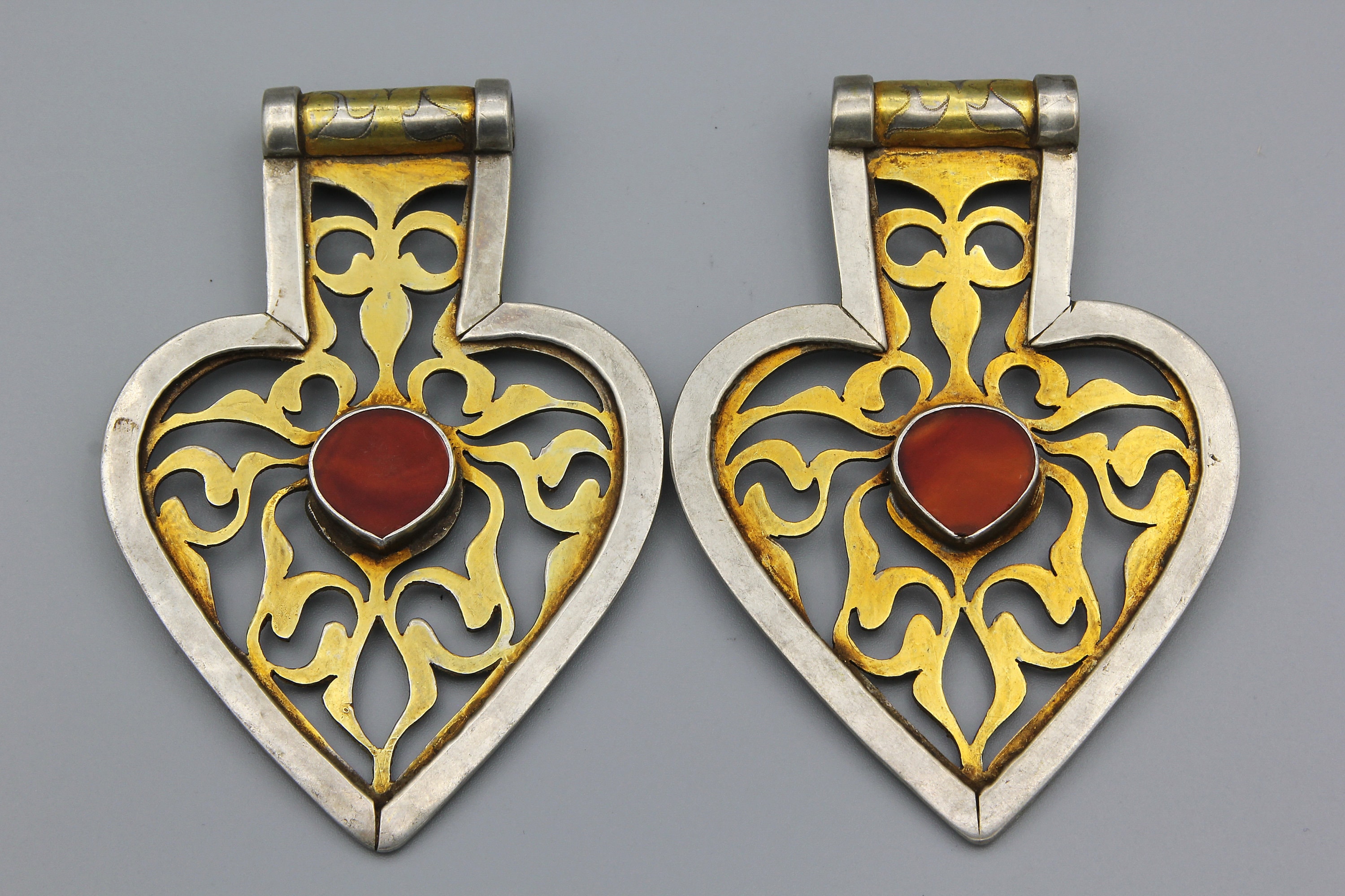 2 Vintage Turkmen Silver Pendants: Gold Gilded Agate Heart Asyk - Etsy