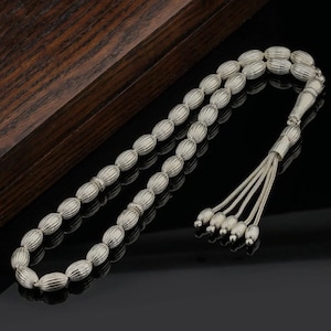 925 Sterling Silver 33 Beads Islamic Prayer Beads, Tasbih, Tesbih, Tasbeeh, Misbaha, Rosary, Barley Cut Striped workmanship B57919