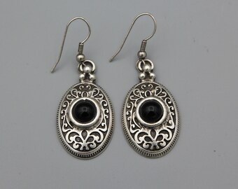 Handmade Turkish Earrings: Black Glass Bead Inlaid, Ethnic Tribal Style