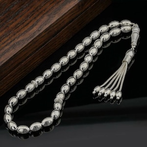 925 Sterling Silver 33 Beads Islamic Prayer Beads, Tasbih, Tesbih, Tasbeeh, Misbaha, Rosary, Barley Cut Dot Embroidered Design B57920