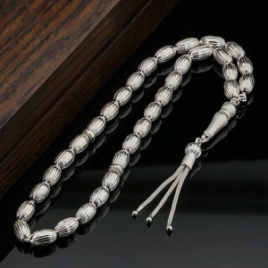 925 Sterling Silver 33 Beads Islamic Prayer Beads, Tasbih, Tesbih, Tasbeeh, Misbaha, Rosary, Shiny Barley Cut Striped workmanship B806