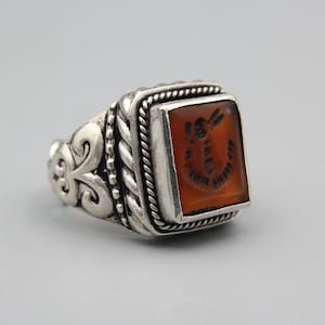 Vintage Afghan Silver Ring: Handcrafted Ethnic Tribal Red Agate Intaglio, Size 10.25