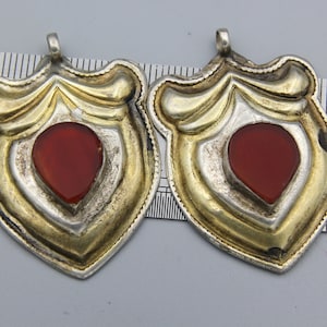 2 pcs Turkmen 925K Silver Pendants Ethnic Tribal Pendant Red Agate inlaid Pendants Afghan Turkoman Jewelry Gold Gilded Gold Wash P571461