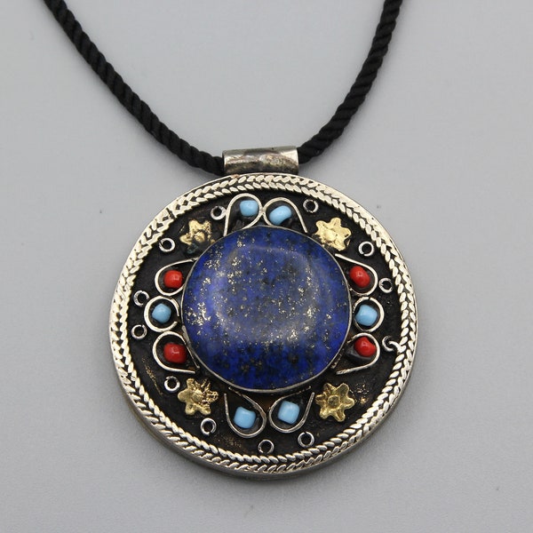 Vintage Lapis lazuli Pendant Necklace Afghan Ethnic Tribal Handmade Unique Pendant Necklace With black cord necklace gifts for her P572571