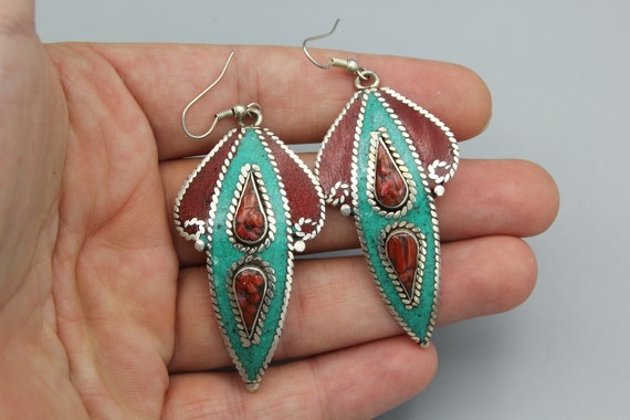 Nepal Ethnic Tribal Earrings - Coral Turquoise in… - image 2