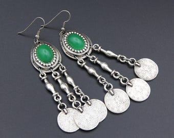 Turkish Drop Earrings Tribal Earrings Hand Made Long Dangle Green Color Beads Inlaid earrings Fashion Style