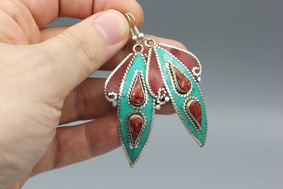 Nepal Ethnic Tribal Earrings - Coral Turquoise in… - image 7