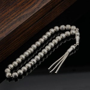 Small 925 Sterling Silver 33 Beads Islamic Prayer Beads, Tasbih, Tesbih, Tasbeeh, Misbaha, Rosary, Round Striped Design workmanship B836