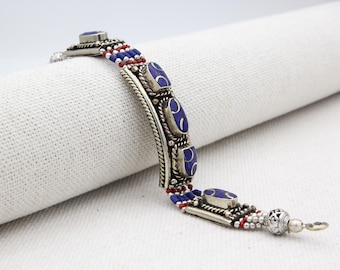 Pulsera tibetana de lapislázuli hecha a mano, estilo étnico tribal. Pulsera de cuentas hecha a mano, regalo para ella.