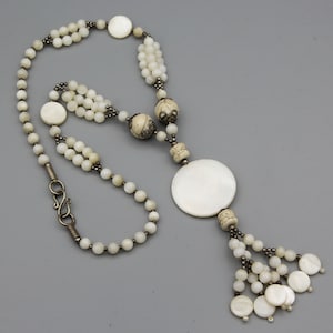 Afghan Beaded White Stone Necklace Ethnic Tribal Mother of Pearls Stone Tassel Necklace Belly Dance Necklace N572997