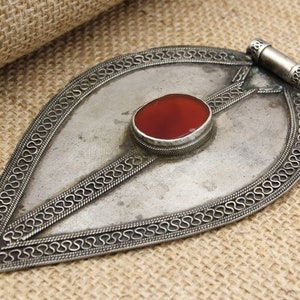 vintage Turkmen Silver Pendant Ethnic Tribal Pendant Turkmenistan Traditional Jewelry Red Agate Stone inlaid Pendant P57600