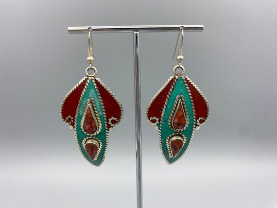 Nepal Ethnic Tribal Earrings - Coral Turquoise in… - image 8