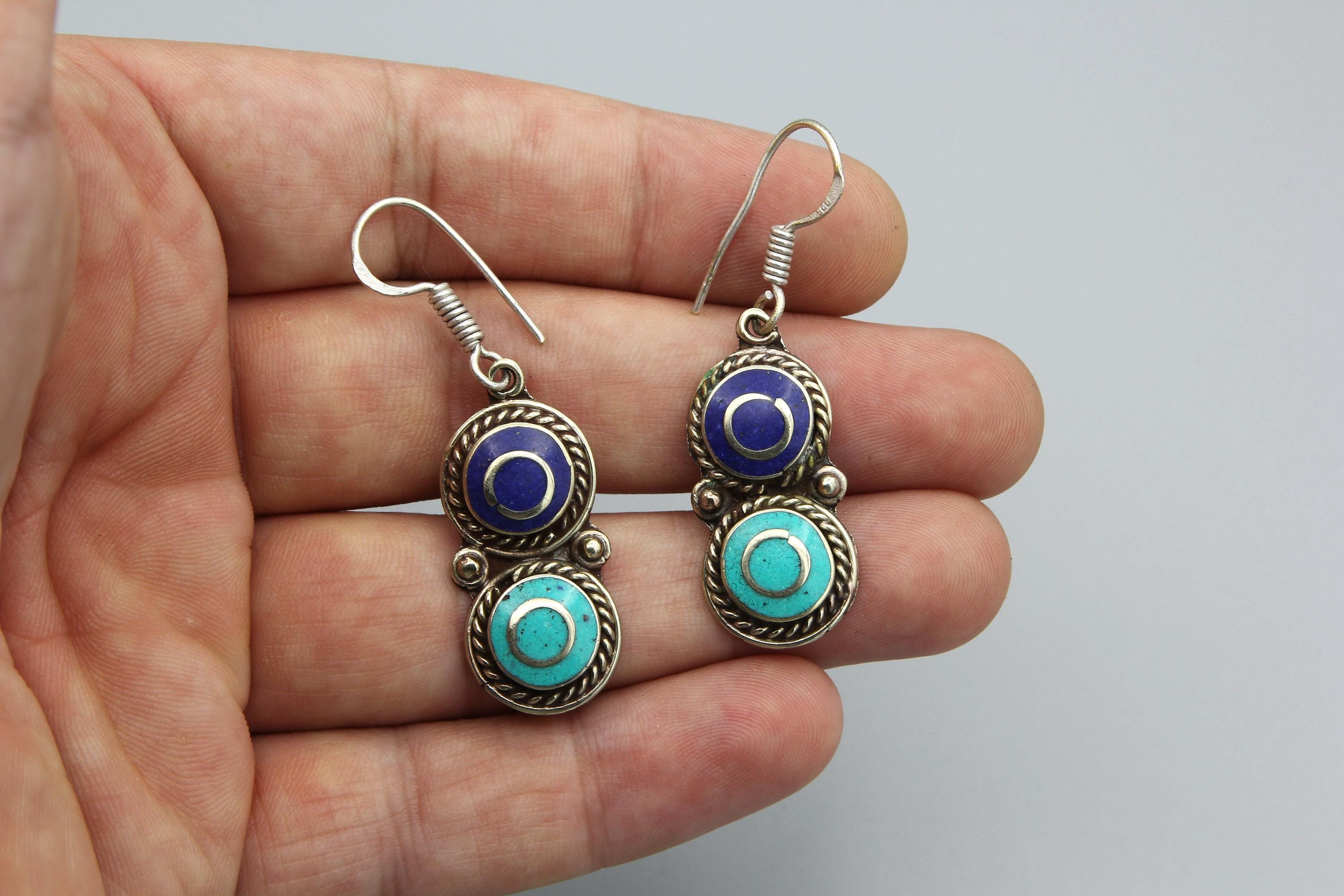 Boucles D'oreilles Pendantes Style Tibétain En Turquoise Reconstituée Et Alliage - Dormeuses