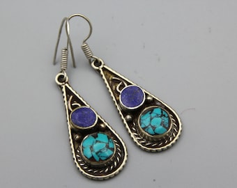 Tribal Drop Earrings: Lapis Lazuli & Turquoise Inlaid, Ethnic Boho Style