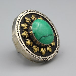 Vintage Kuchi Afghan Ring: Green Turquoise Inlaid Tribal Ring, Size 10