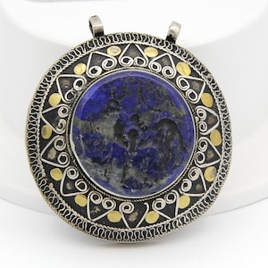 Vintage Afghan Silver Pendant Animal intaglio Carved Ethnic Tribal pendant Afghan Jewelry Gifts for Her Lapis lazuli Stone inlaid P57681
