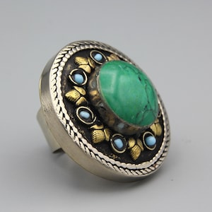 Vintage Kuchi Ring: Afghan Tribal Green Turquoise Inlay, Size 9.5