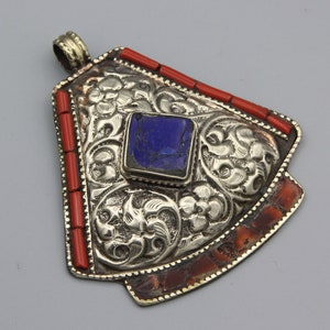 Vintage Pendant Necklace Coral Lapis Tibetan Ethnic Tribal Handmade Unique Pendant gifts for her Birthday Gift Carved Workmanship P572590