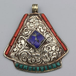 Vintage Lapis Coral Pendant Necklace Tibetan Ethnic Tribal Handmade Unique Pendant gifts for her Birthday Gift Carved Workmanship P572587