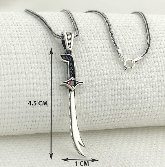 Zulfiqar Sword Pendant Necklace: 925 Sterling Silver, Black & Red