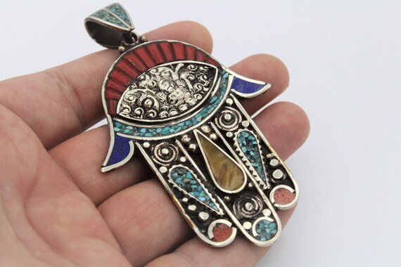 Broche Ethnique Vintage 'Main De Fatma' (Hamsa) En Argent Bas Titre - Pièce Ancienne Et Rare - Grande Taille