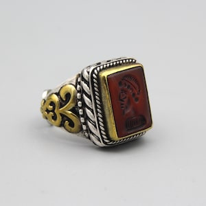 Vintage Afghan Silver Ring: Red Agate Intaglio, Size 10.25