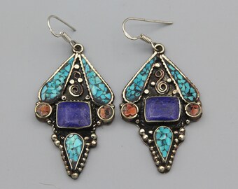 Turquoise Lapis Inlay Earrings: Nepal Ethnic Tribal Silver Dangle