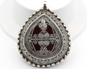 Vintage Afghan Sterling Silver Pendant: Kazakh Tribal Teardrop Jewelry